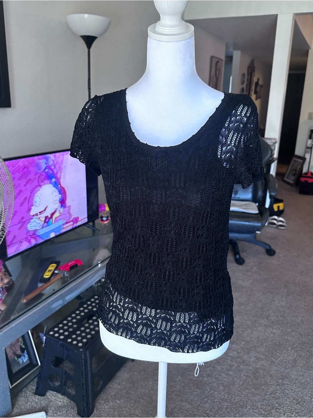 Emma James Black Short-Sleeve Crochet Knit Top